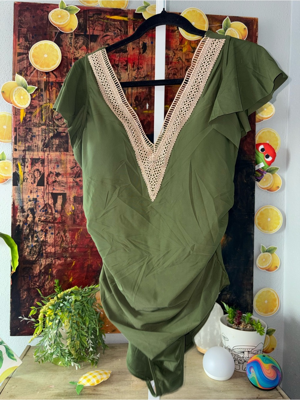 Olive Green One-Piece Swimsuit with Crochet V-Neck,, XL, NWOT